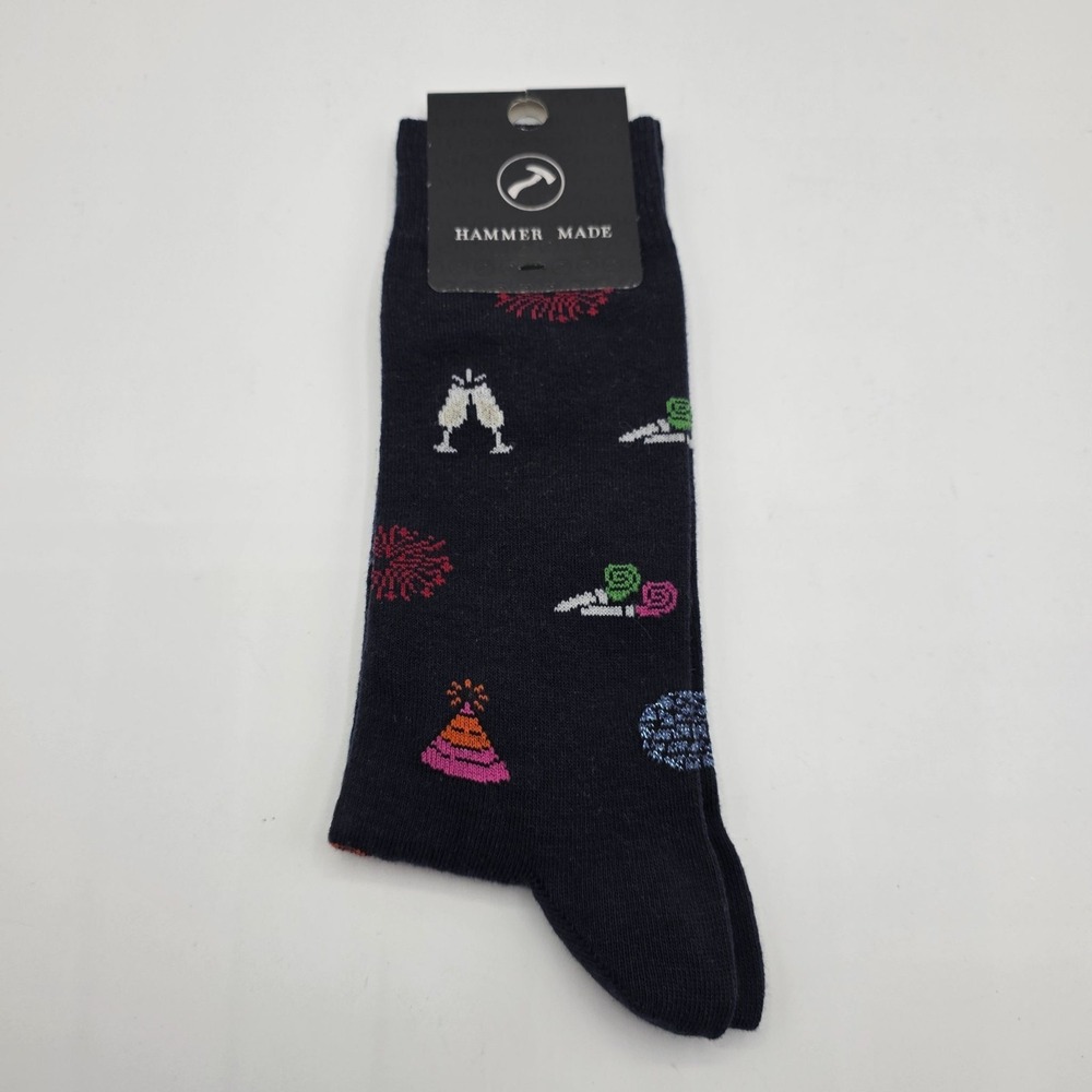 Hammer Made Men's Crew Socks Festive Pattern Navy Blue Cotton‎ Blend New